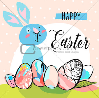 Hand drawn vector abstract creative cute Happy Easter greeting card template with graphic flowers,eggs,funny rabbit and phase Happy Easter in pastel colors.Spring decoration background concept design