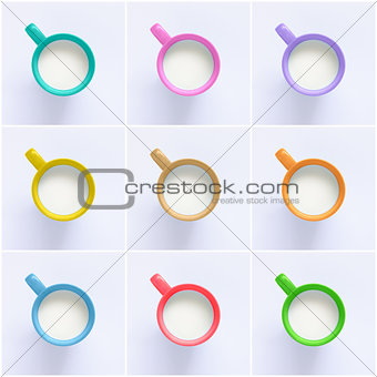 Collage of milk in colorful mugs
