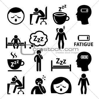 Fatigue icons, tired, sleepy man and woman vector design