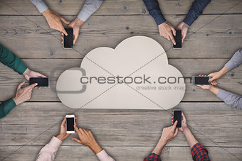 Business team working on smartphones. Cloud sharing wireless concept