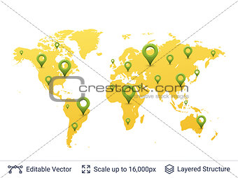 Location pins on world map.
