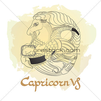 Hand drawn line art of decorative zodiac sign Capricorn.