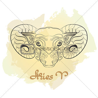 Hand drawn line art of decorative zodiac sign Aries.