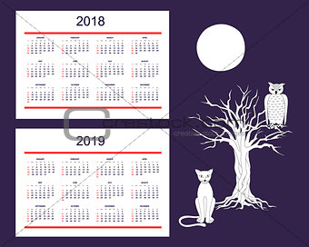 Creative calendar with drawn night animals for wall year 2018, 2