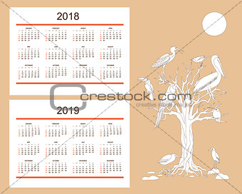 Creative calendar with drawn tropical birds for wall year 2018, 