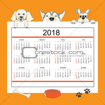Creative calendar with drawn cartoon dogs for wall year 2018