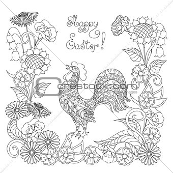 Happy Easter with ornamental rooster and flowers