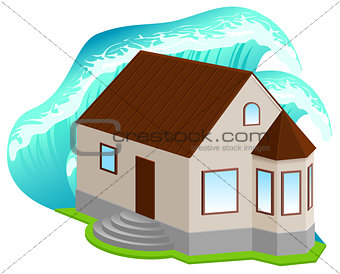 House insurance against floods. High wave covered home