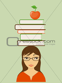 smiling girl with books and apple