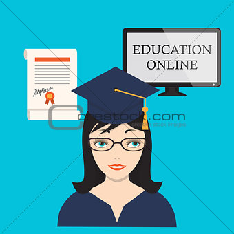 education online with girl, computer screen and diploma