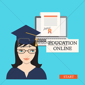 start education online with girl, laptop and diploma
