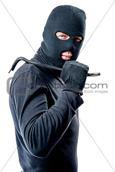 Robber with a crowbar in black clothes on a white background 