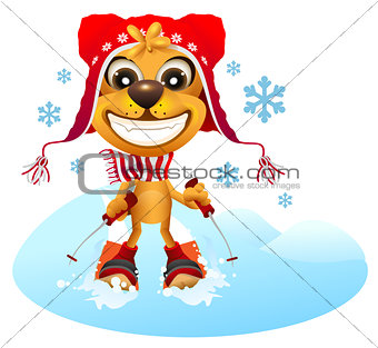 Yellow dog skier in red hat skiing
