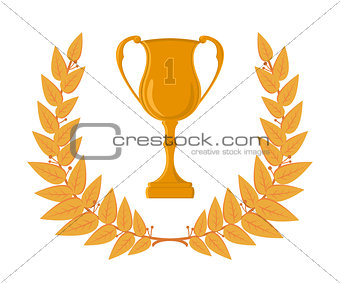 Gold cup and laurel crown, winner and victory illustration, triumphal wreath