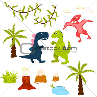 Dinosaur and jungle tree clipart set.