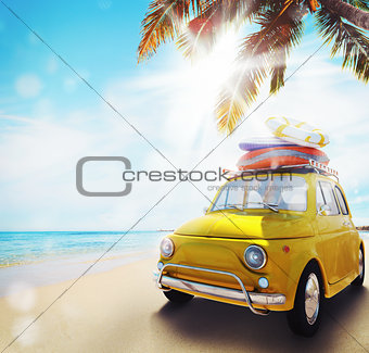 Start summertime vacation with an old car on the beach. 3d rendering