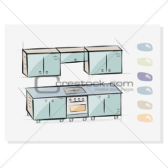 Kitchen interior drawing, vector illustration. Button choosing colors of furniture. The icon for the site.