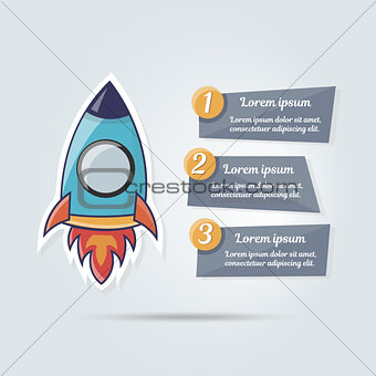 Stylish cartoon rocket vector illustration for web site. Banner for a website or booklet. Modern web elements. Business startup banner concept, flat style. Cool on a numbered list.