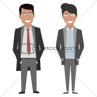 Vector character illustration. Business woman and man in a suit and tie on the white background.