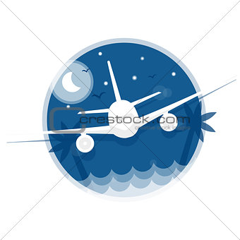 Travel illustration. Icon flying in the sky plane on blue background in flat style with contour.