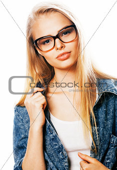 young pretty girl teenager in glasses on white isolated blond ha