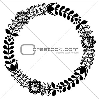 Finnish floral folk art round pattern - black design, Nordic, Scandinavian style