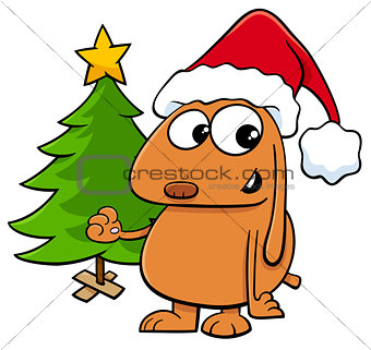 dog with Christmas tree cartoon
