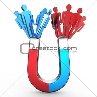 People magnet attracting two different colored people shapes. At