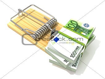 Stack of hundreds euros, like bait, in wooden mousetrap. 3D