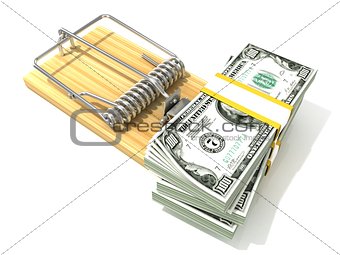 Stack of hundreds dollars, like bait, in wooden mousetrap. 3D