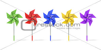 Five colorful five sided pinwheels. 3D