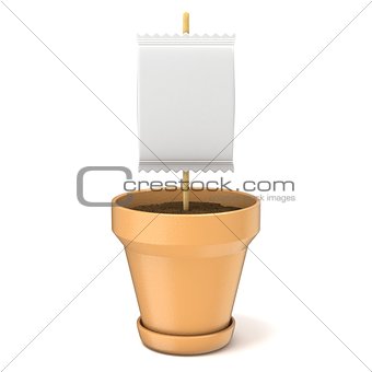Clay plant pot with blank paper sign on wooden stick. 3D