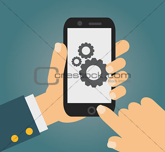 Vector app development concept in flat style - mobile phone and sketch on screen
