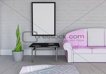 3D blank picture frame in room interior