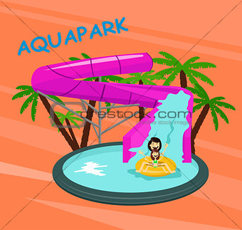 Aquapark poster template with water pool slides pipes cheerful family and children
