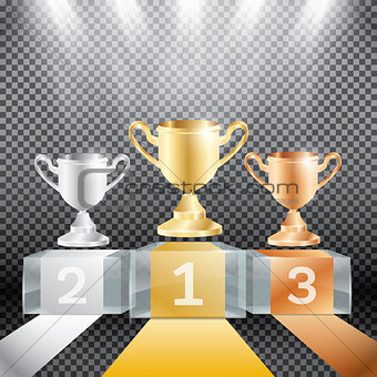 Winner Podium with Spotlights and Cup on Transparent Background.
