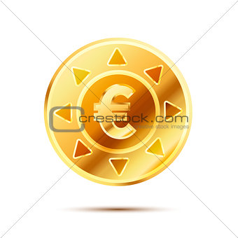 Bright glossy golden coin with euro sign on white