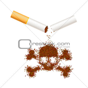 Broken realistic cigarette with tobacco leaves in skull sign. Smoking kills concept illustration on white.