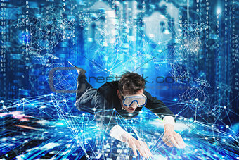 Businessman surfing the internet underwater with mask. Internet exploration concept