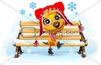 Yellow dog puts on skates. Winter vacation