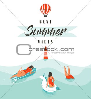 Hand drawn vector abstract summer time fun illustration with swimming happy people in water with lighthouse,hot air balloon and modern typography quote Best Summer Vibes isolated on white background.