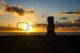 Moai statue ahu akapu at sunset, easter island