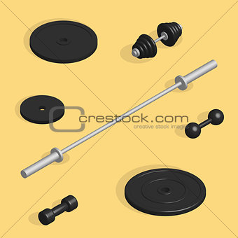 Flat design elements for gym and fitness in 3D, vector illustration.