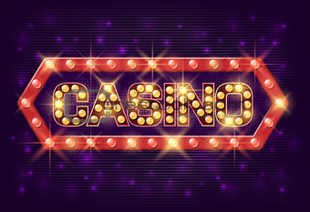 Casino poster vintage style. Casino banner with glowing lamps for online casino, poker, roulette, slot machines, card games. Vector illustrator.