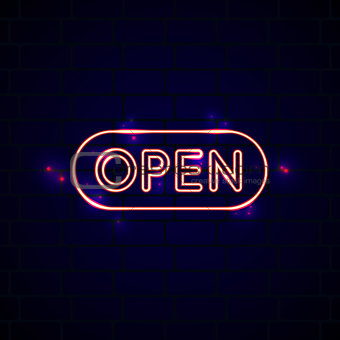 Neon glowing open sign in front of the brick wall. Creative nigh