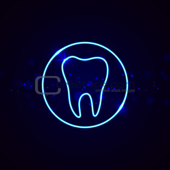 Neon dental sign. Shining tooth vector emblem in line style.