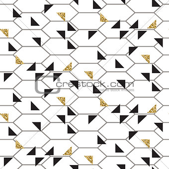 Black and glitter gold triangles mesh seamless vector pattern.
