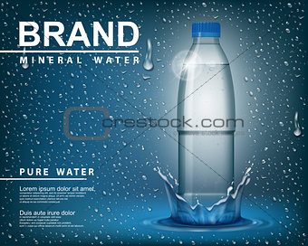 Pure mineral water ad, Transparent shine plastic bottle with drop elements on blue background. realistic 3d vector illustration Packaged Drinking Mineral water container mockup template.