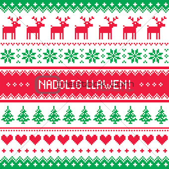 Nadolig Llawen - Merry Christmas in Welsh greetings card, seamless pattern
