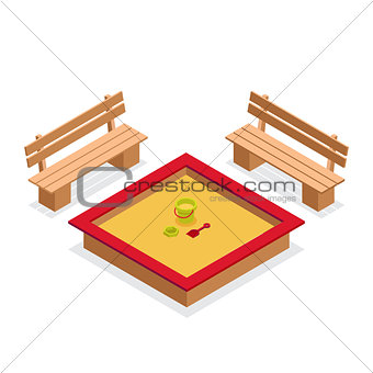 Isometric sandbox with toys and benches. Outdoor furniture vecto